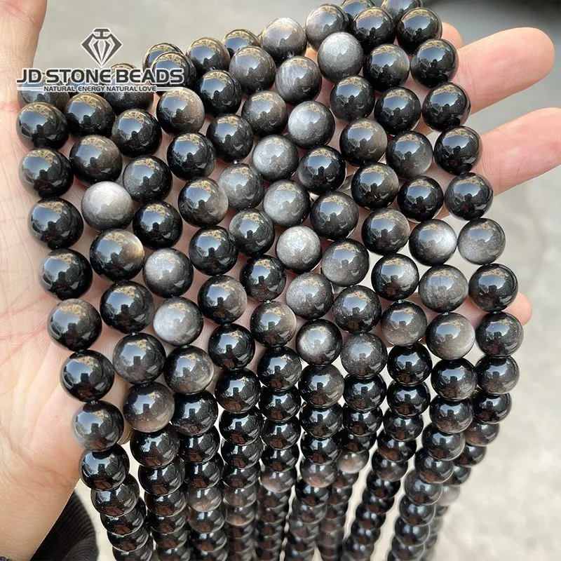 7A Natural Stone Silver Obsidian Beads Round Loose Stone Bead 6 8 10 12 14mm for Jewelry Making DIY Bracelet Accessories 15 Inch