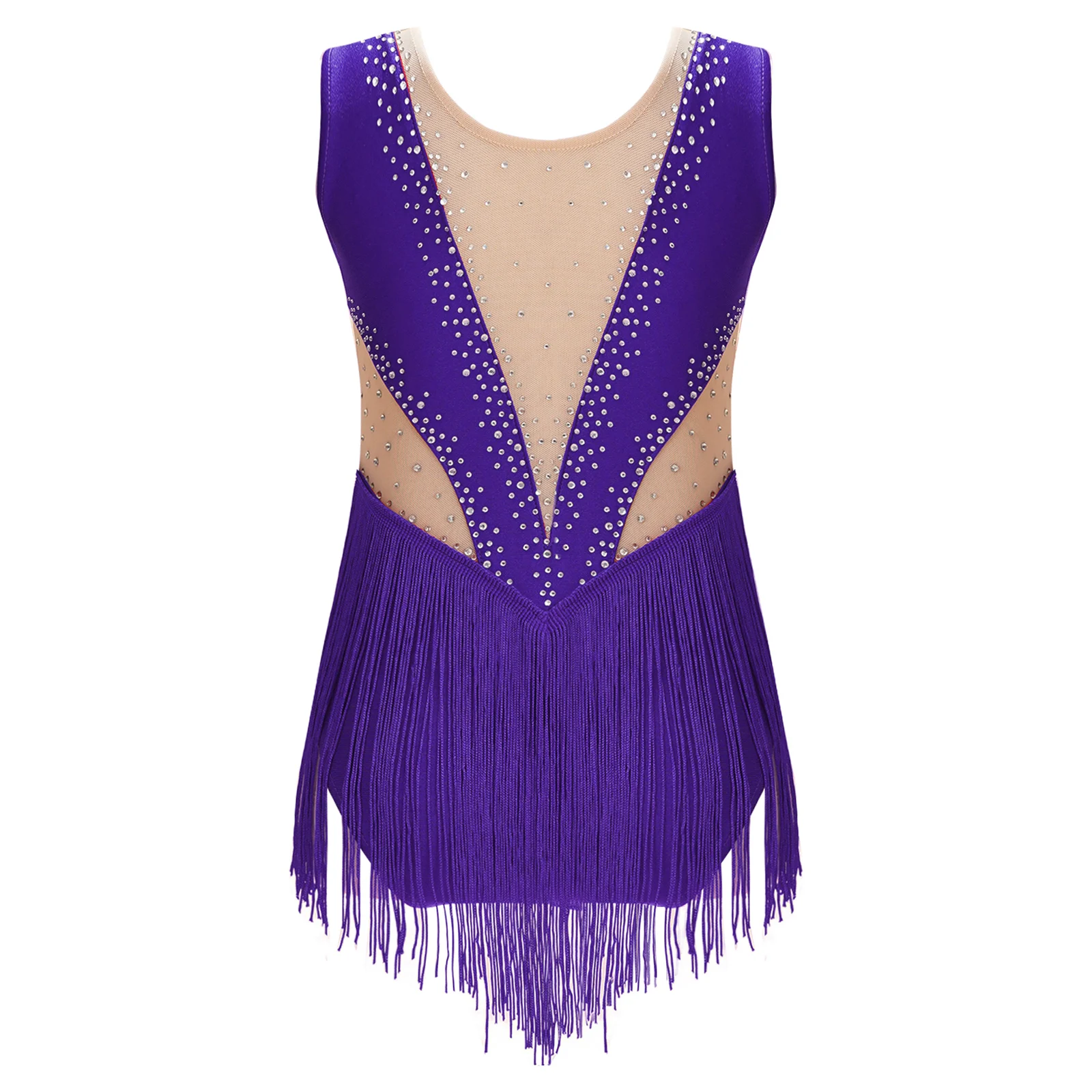 Kids Girls Ballet Dance Leotards Figure Skating Gymnastics Performance Costume Shiny Rhinestone Tassel Latin Cha-Cha Bodysuit