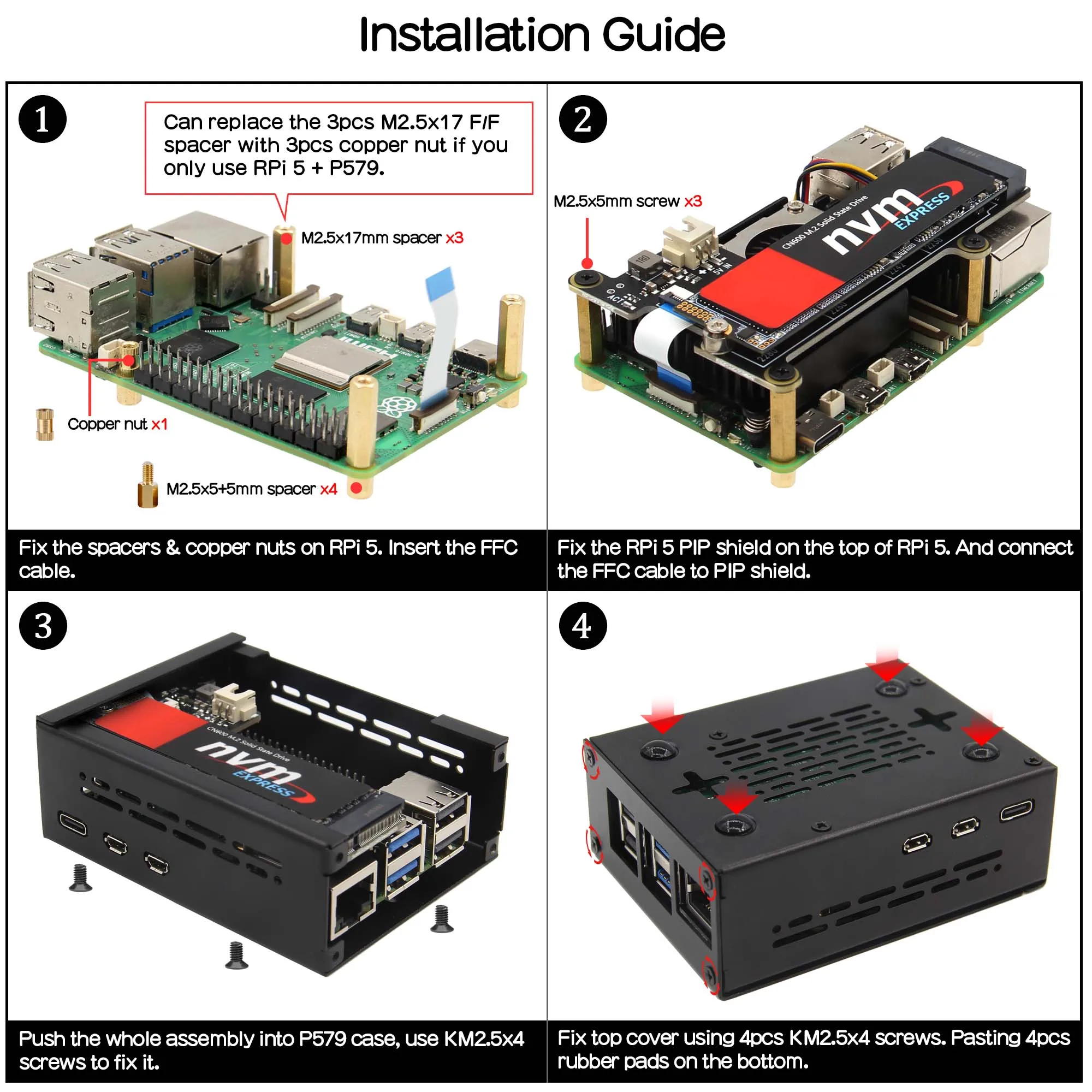 حافظة Geekworm المعدنية P579-V3 لـ Raspberry Pi 5 & PCIe M.2 NVMe SSD Shield X1000 / X1001 / X1003 / X1004 (لا تدعم X1002! !!)