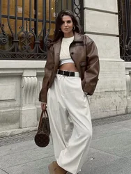 Abrigo Vintage de piel sintética para mujer, chaqueta de manga larga con cuello vuelto y botones, color marrón, estilo americano, Otoño e Invierno