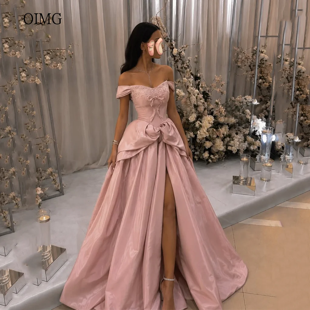 OIMG Pink Off The Shoulder A Line Prom Gowns Bow Embroidered Pleated Party Gown Side Slit Floor Length Evening Dress Customized