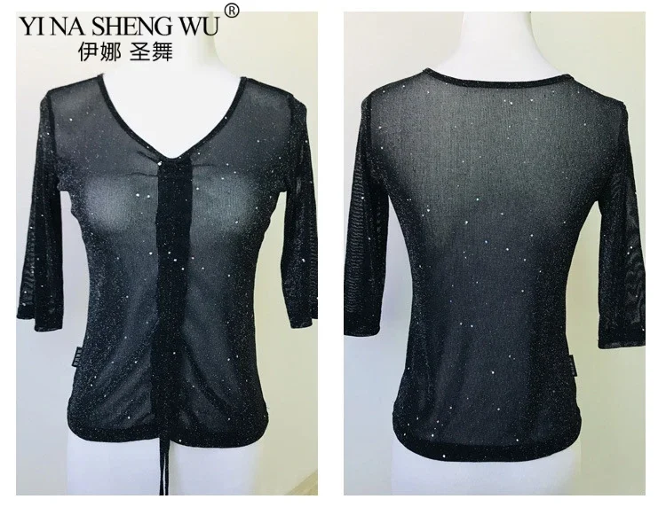 Women Dance Top Belly Dance Costume Half Sleeve Sexy Transparent Silver Mesh Tops&Tees Indian Oriental Dance Tops Practice Wear