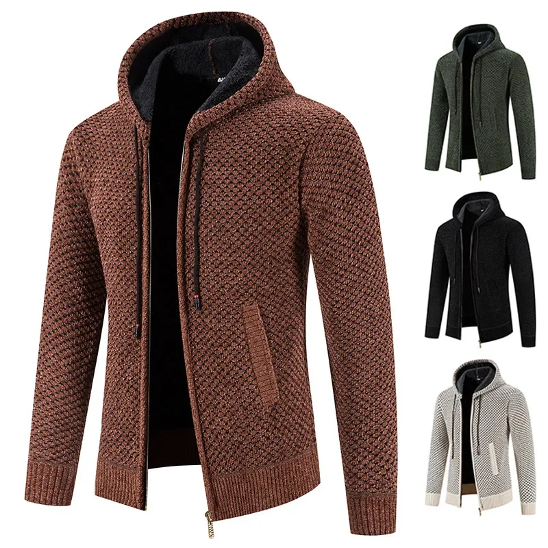 

Amazon Men's Autumn/winter Fleece-lined Knitted Top Cardigan Jacket Hooded Thick Style Versatile Warm Men's Pullovers