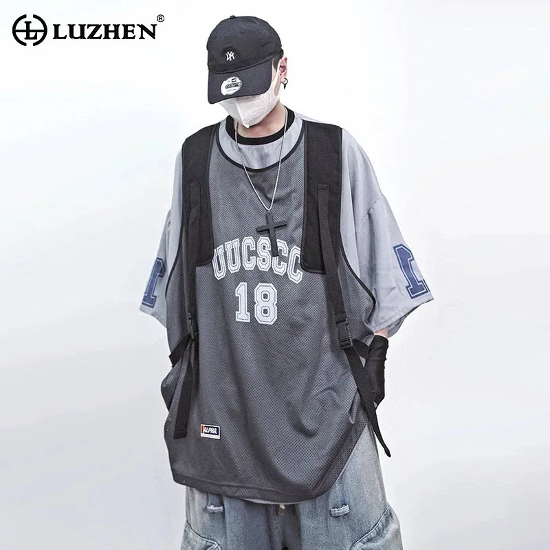 

LUZHEN Fashion Fake Two Piece Design Short Sleeve T-shirts Men Original Baggy Gauze Tank Tops Splicing Casual Street Wear JY3713