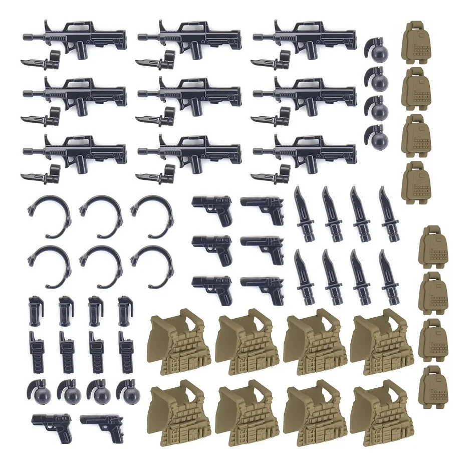

MOC мини-фигурка, военные солдаты, оружие, аксессуары, тактический комплект, строительные блоки, военные армейские пистолеты, детали, кирпичи, игрушки