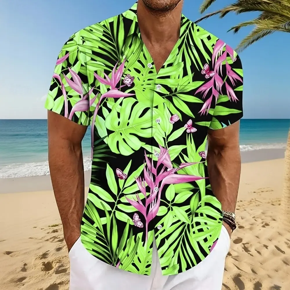 Men's Butterfly Palm Leaf Tropical Plants Summer Hawaiian Shirt Button Up Shirt Aloha Shirt Short Sleeve Summer Front One Pocket