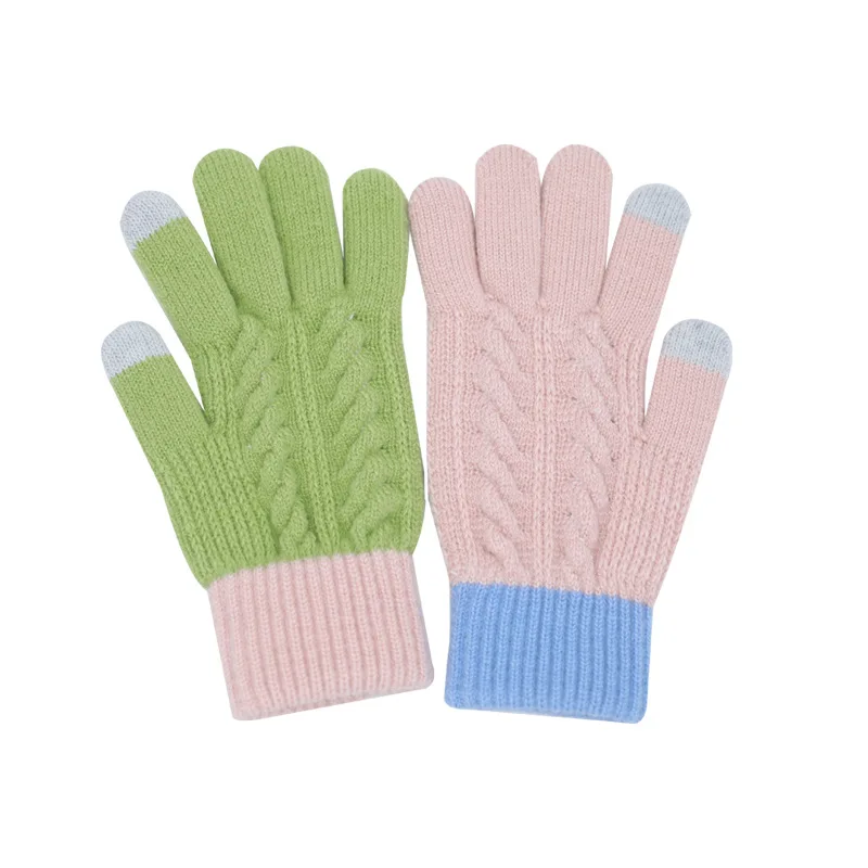 Unisex Wool Knitted Gloves Color Block Winter Women Cute Touch Screen Gloves Outdoor Men Riding Hiking Cold Full Finger Gloves