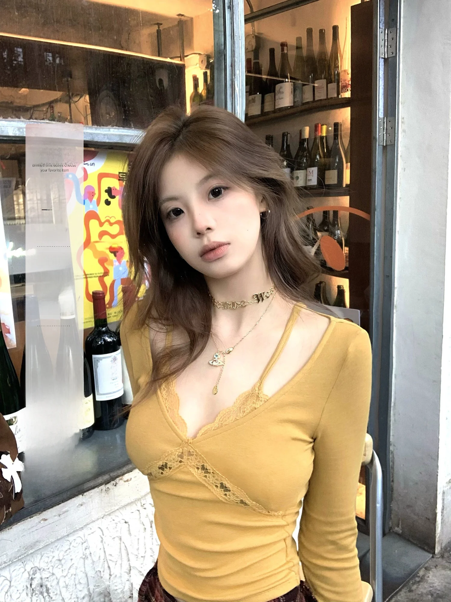 

Women's Long Sve V-Ne Lace Base irt Camere Feel T-irt Korean Sle Slim Fit Knitted Top for Autumn And Winter
