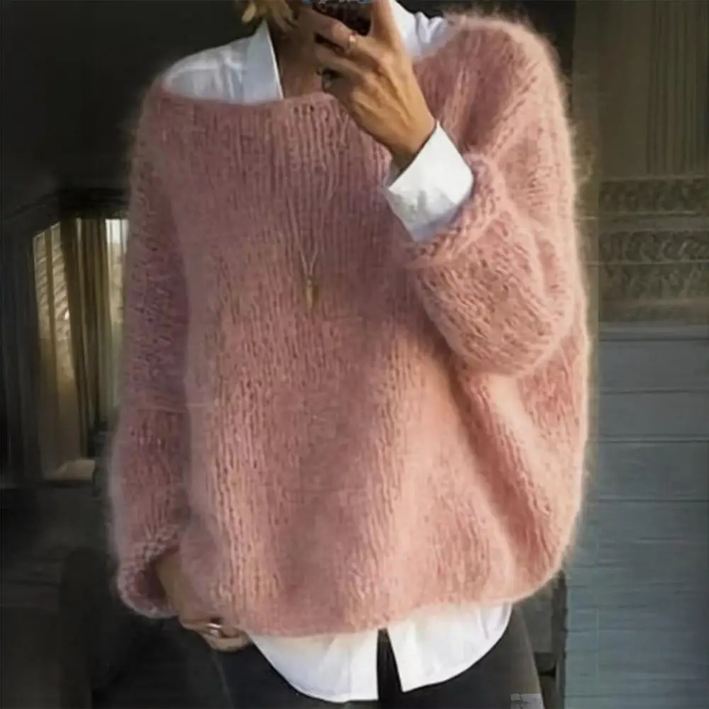 2026 Women Sweater Round Neck Long Sleeve Loose Fit Knitting Tops Breathable Coarse Sand Thread Texture Sweater Winter Sweaters