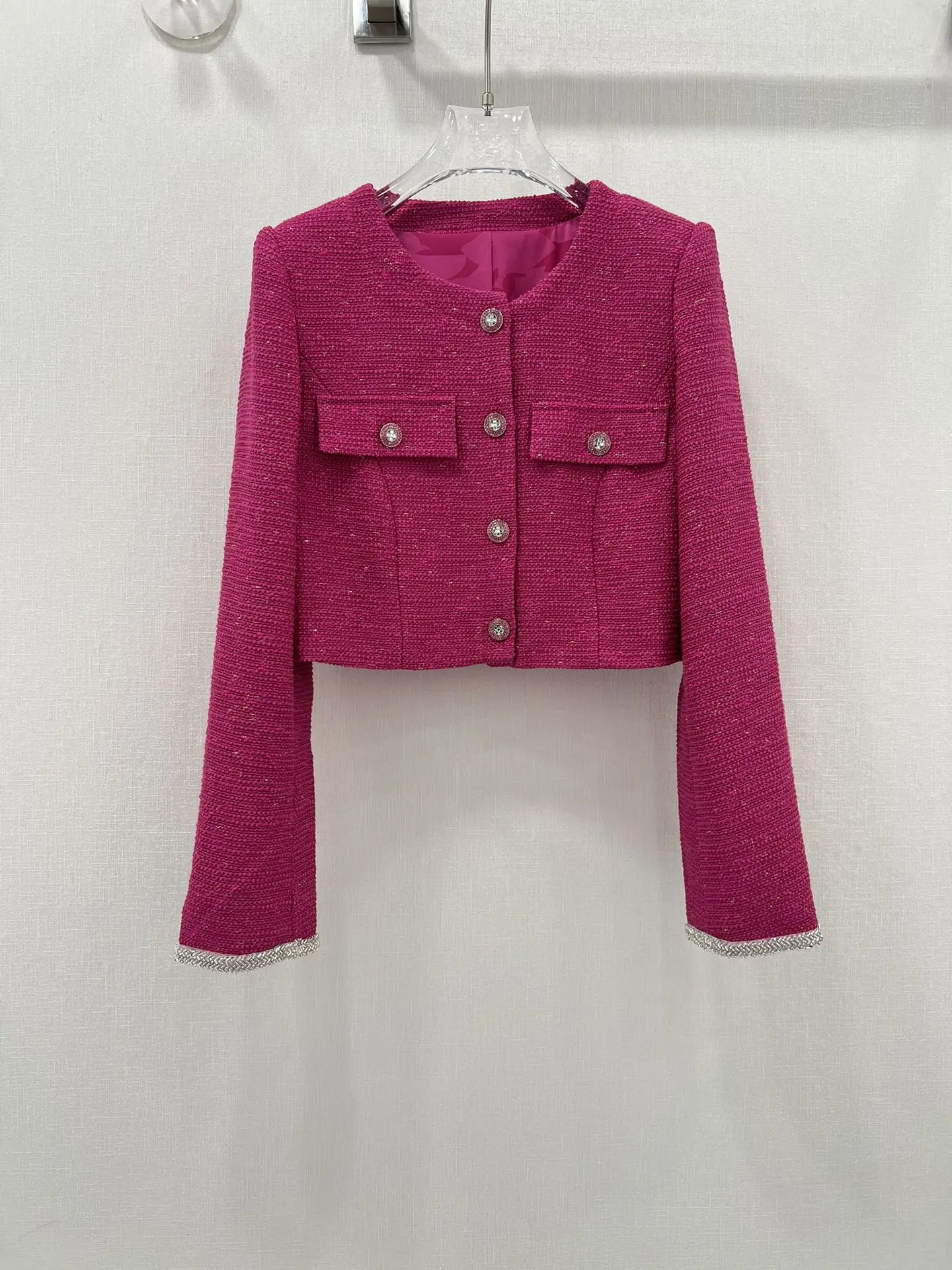 

2024 Spring/Summer New Women's Wear Elegant Graceful Rose Red Splicing Beads Short Woven Coat 409