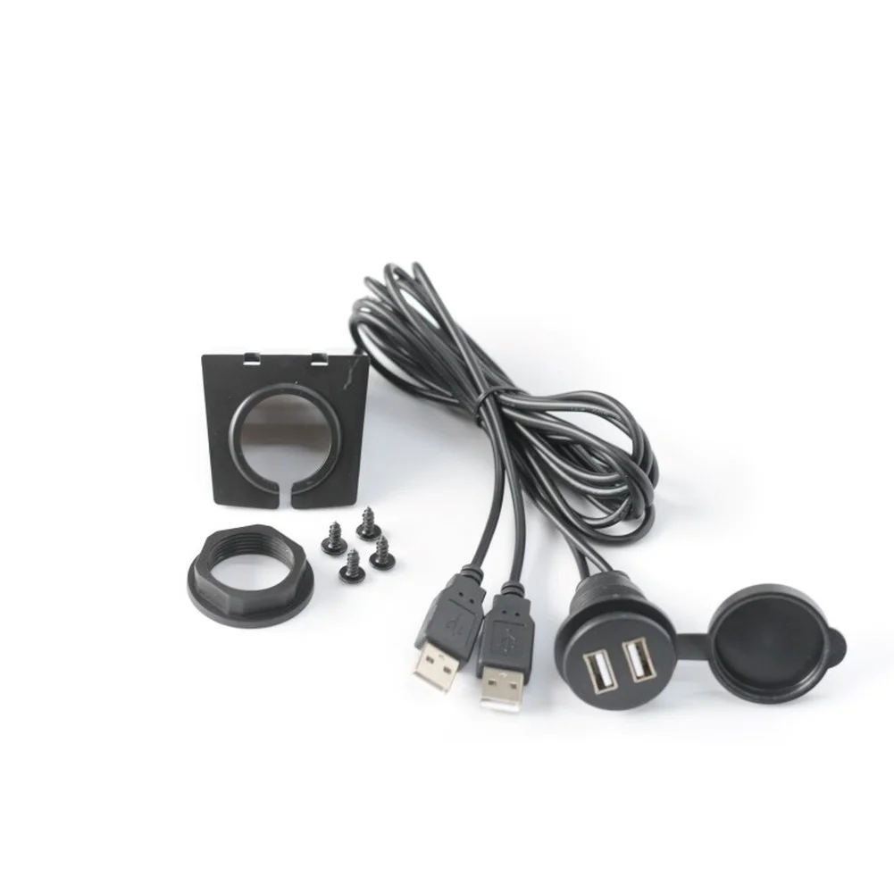 Round Dual USB 2.0 Socket for Car Dashboard Installation Compatible with Vehicles RVs Motorcycles 150CM Cable ABS Black