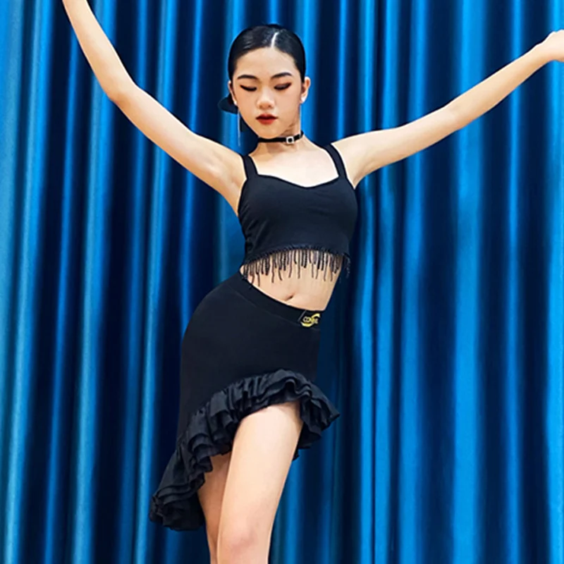 Latin Dance Competition Costume Teen Girls ChaCha Practice Dancewear Fringe Tops Bevel Skirt Tango Performance Clothes YS3883