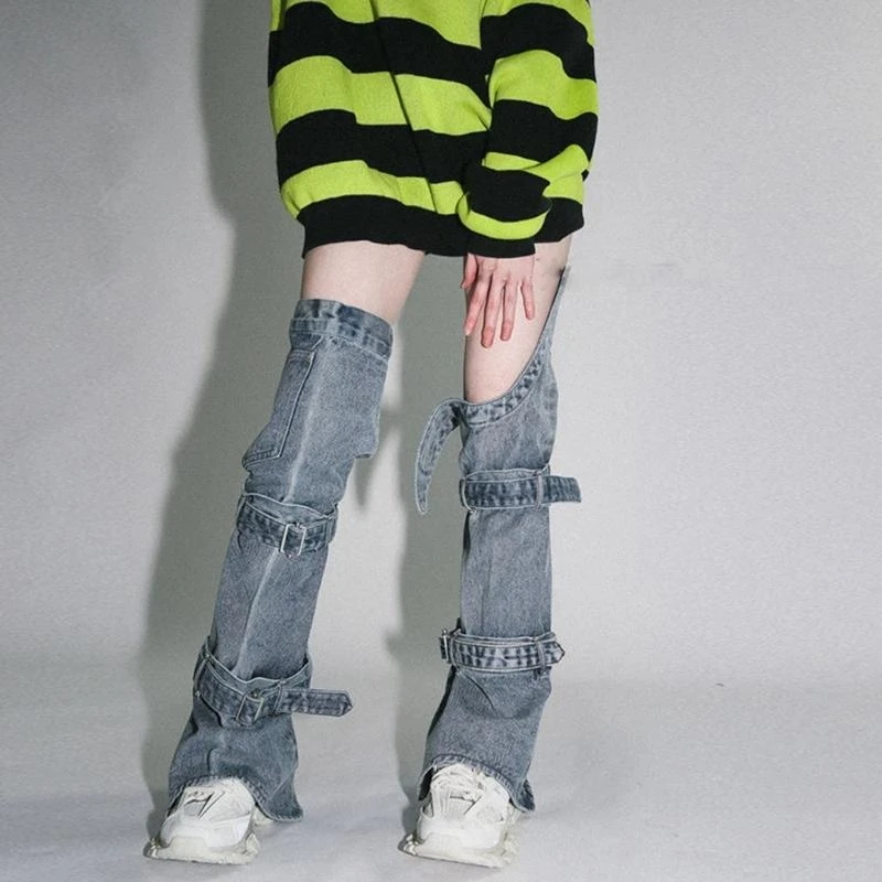 Winter Autumn Leg Warmer Gothic Punk Rock Adjustable Bandage Buckled Foot Covers Flared Knee High Socks for Women 15UB