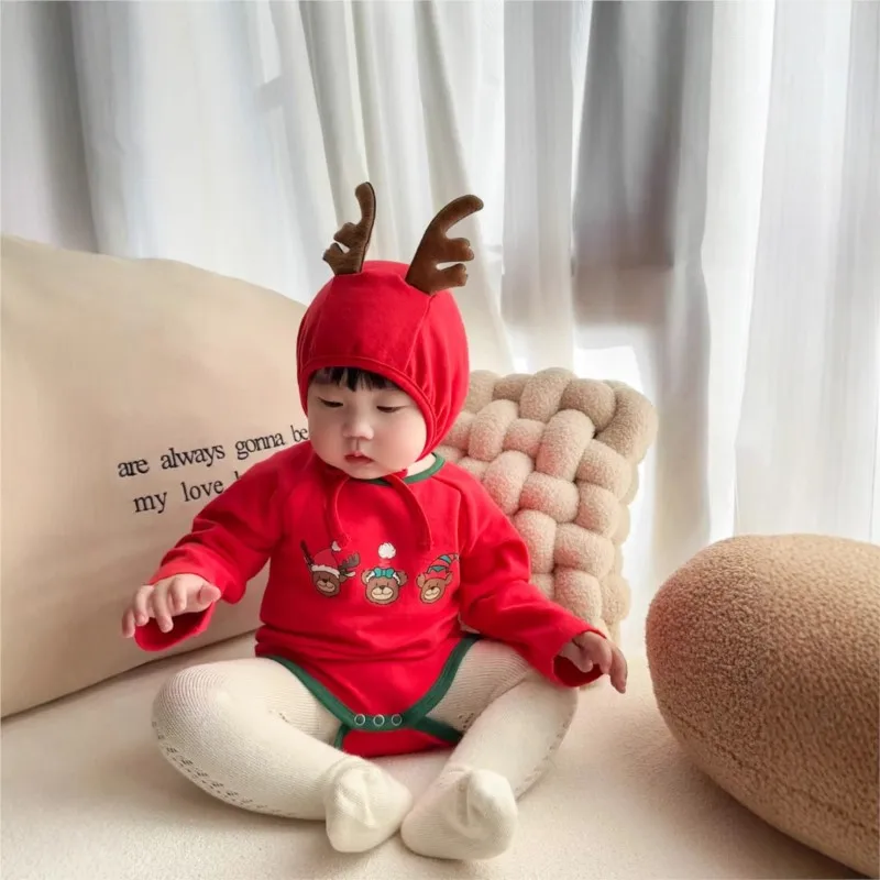 Newborn Baby Boy Girl Cotton Christmas Elk Clothes Set Romper+Hat Infant Toddler Deer Print Jumpsuit Autumn Winter Clothes 3-18M