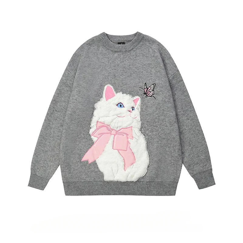 Women\'s O-neck Lazy Style Soft Waxy Cute Cat Embroidery Pullover Sweaters Autumn Winter Sweet Age-reducing Loose Casual Knitwear