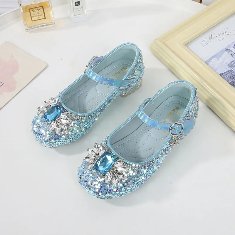 Kids Girls High Heels Little Girls Crystal Leather Princess Footwear New Children Parties, Dances, Weddings Sequins Shoes