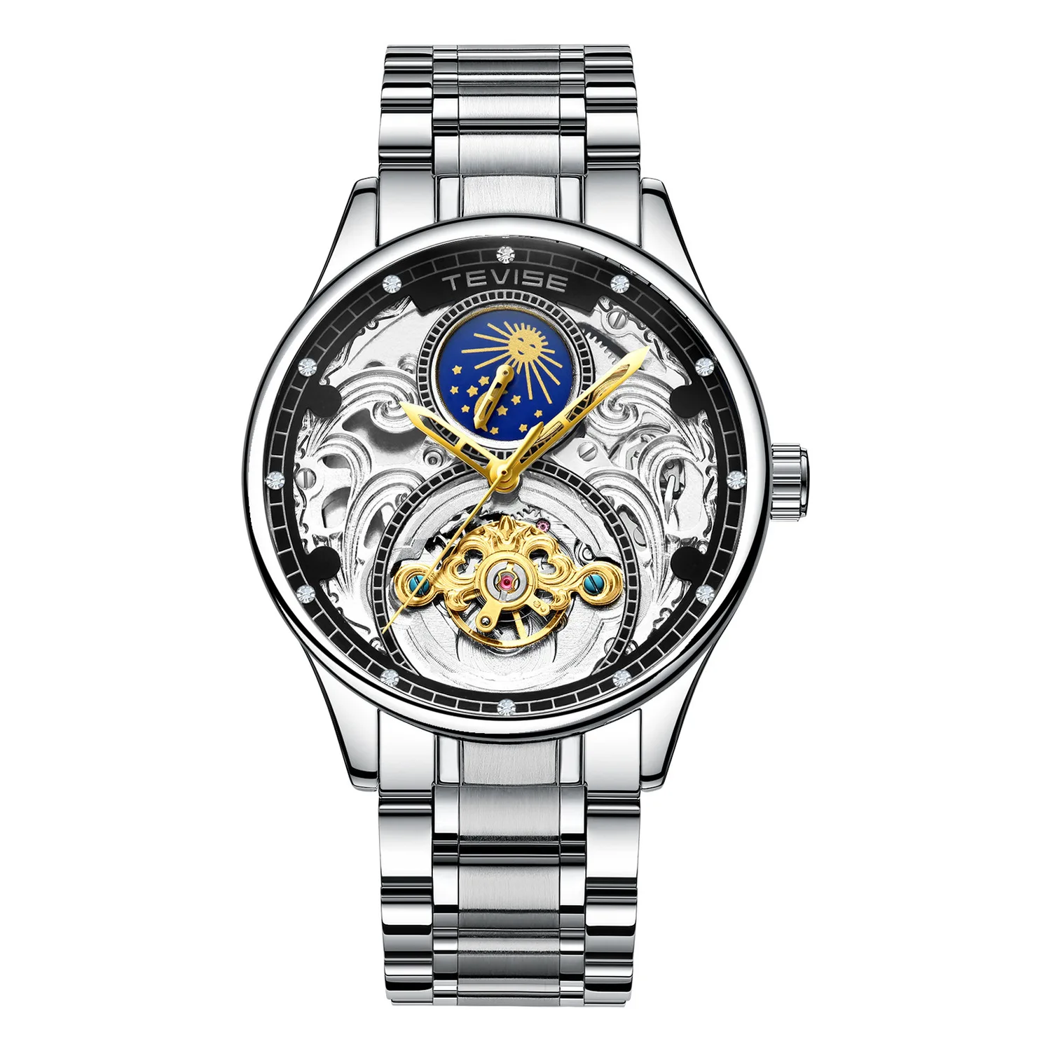 

TEVISE автоматические механические часы с ремешком из нержавеющей стали и кожаным ремешком, наручные часы со скелетом фазы Луны для мужчин, мода