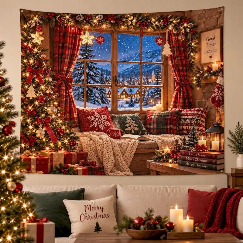 VIKAMA Santas Toy Shop Window Tapestry Wall Hanging, 6 Designs, Wall Decor for Bedroom Living Room Dorm