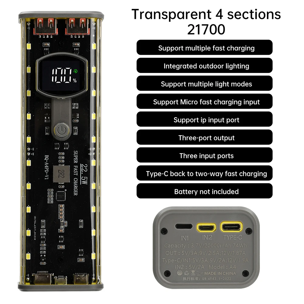 DIY Power Bank Case PD22.5W Powerbank Box 21700 LED Screen Transparent Battery Storage Shell For Mobile Phone Charger