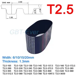 1Pcs T2.5 Rubber Timing Belt Width 6/10/15/20mm Picth Length 105/120/130/145/157.5/160/172.5/200/230 ~ 3650mm Synchronous Belt