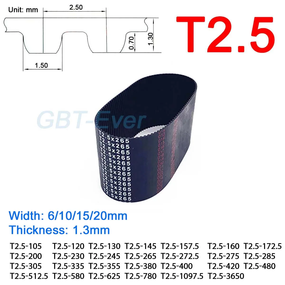 1Pcs T2.5 Rubber Timing Belt Width 6/10/15/20mm Picth Length 105/120/130/145/157.5/160/172.5/200/230 ~ 3650mm Synchronous Belt