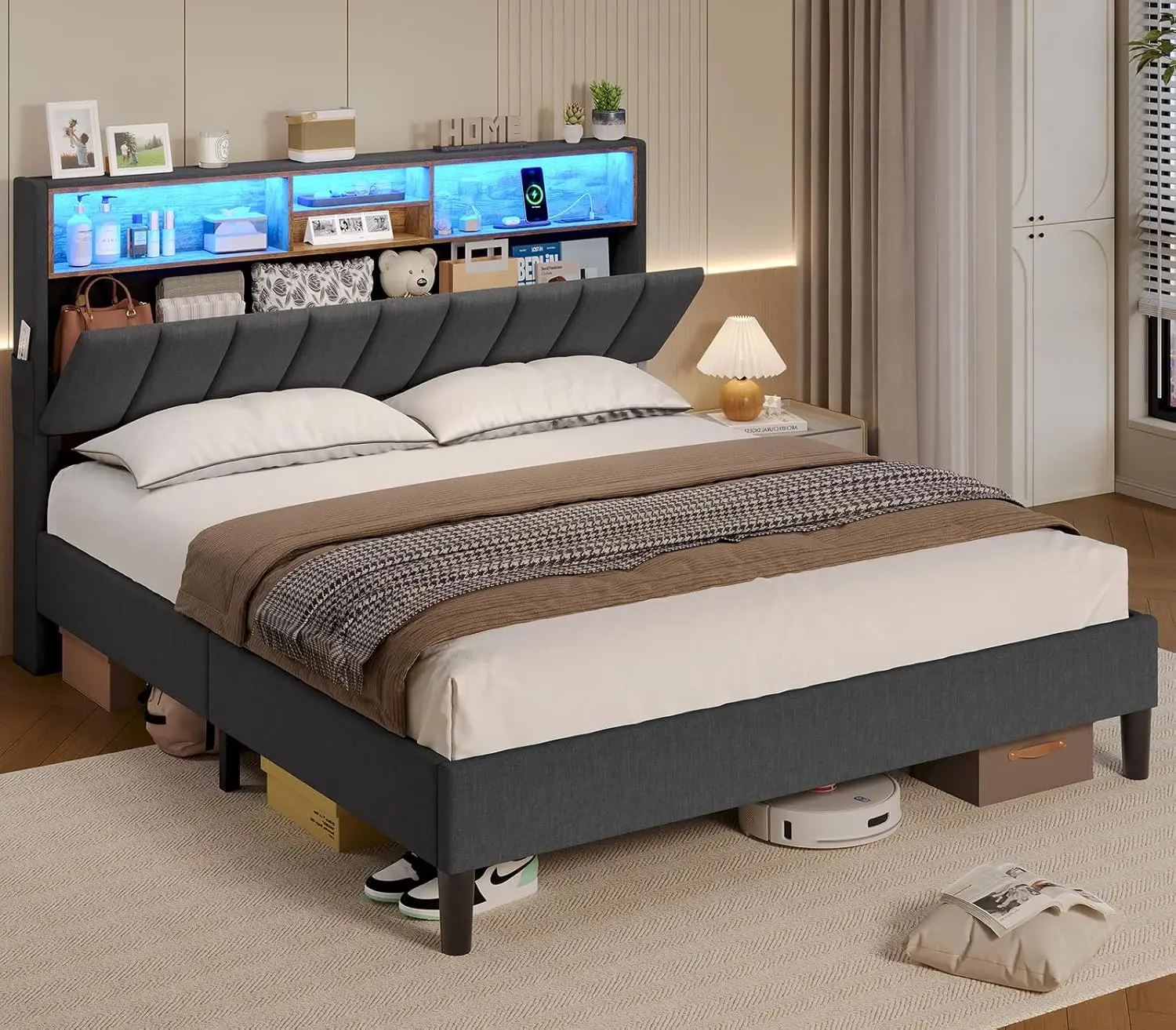 Full Size Platform Bed Frame with Outlet, USB Ports and Storage Headboard, Upholstered Bed with LED Lights, No Box