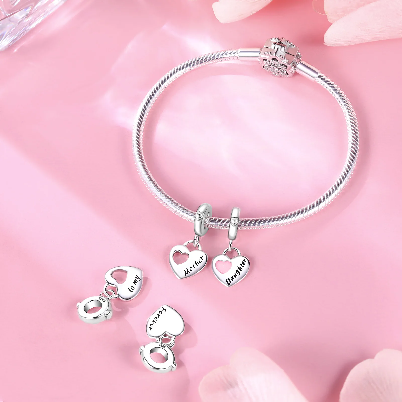 Original 925 Sterling Silver Charm Mother-Daughter Double Heart Pendant for Women Fit Original Bracelet Necklace DIY Accessories