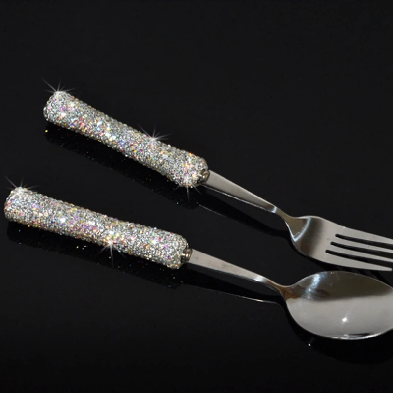 Diamond Cutlery Set,Stainless Steel Fancy Eating Utensils Portable Tableware With Box Brilliant Sparking Spoon