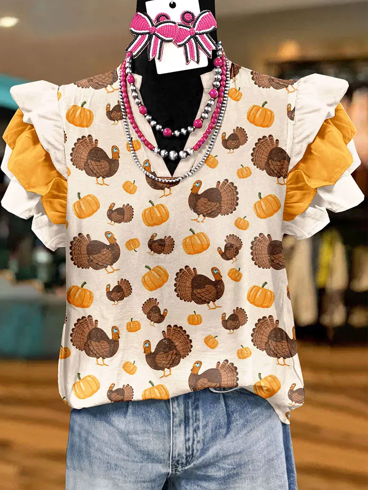 Thanksgiving Turkey Pumpkin Print Flying Sleeve Top Women Blouses