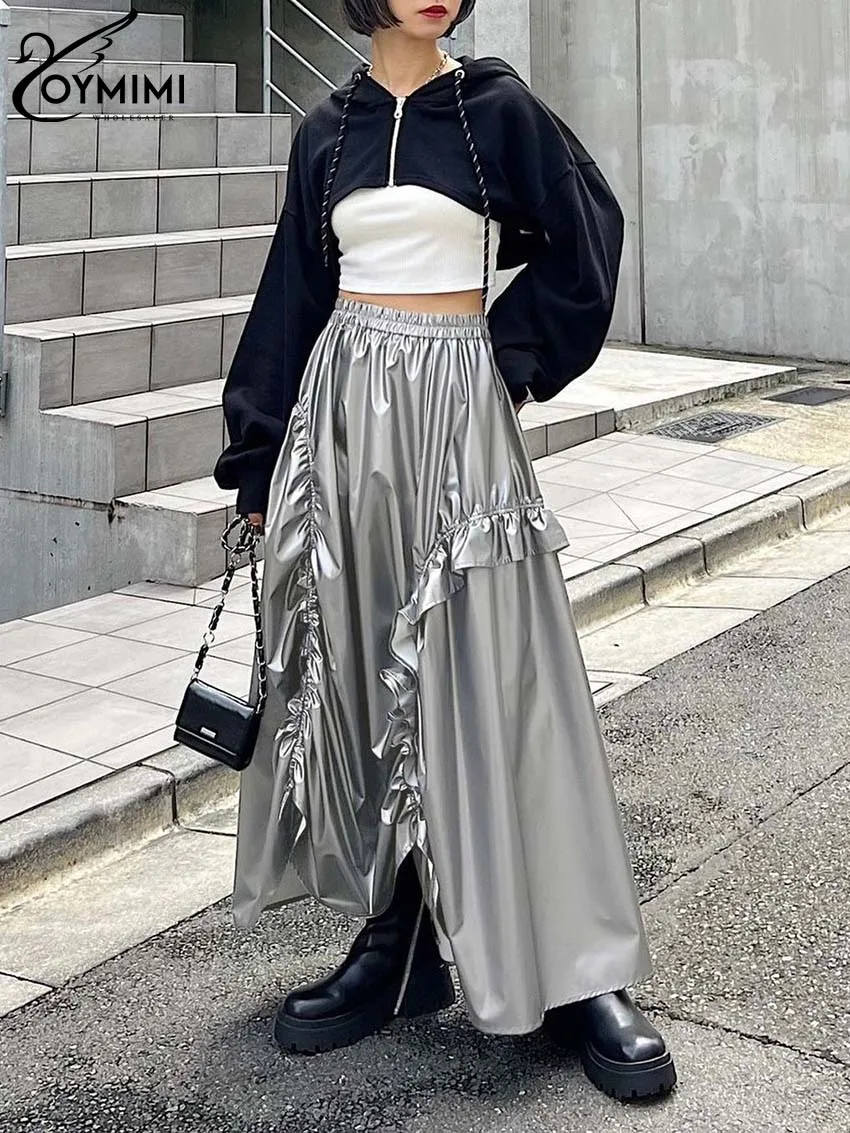 Oymimi Fashion Grey Loose Women's Skirt Elegant Pu Leather High Waisted Skirts Streetwear Casual Ruffled Ankle-Length Skirts