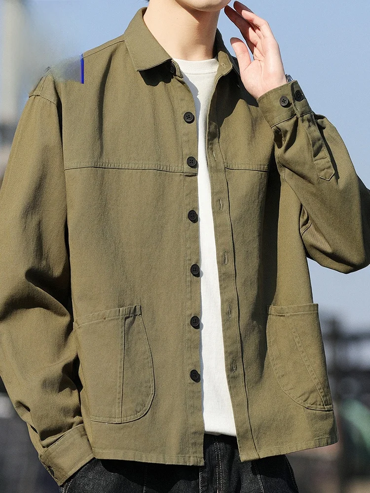 

Мужская повседневная свободная рабочая одежда в японском стиле, с лоскутным дизайном, дышащая хлопковая рубашка с длинным рукавом, модный топ