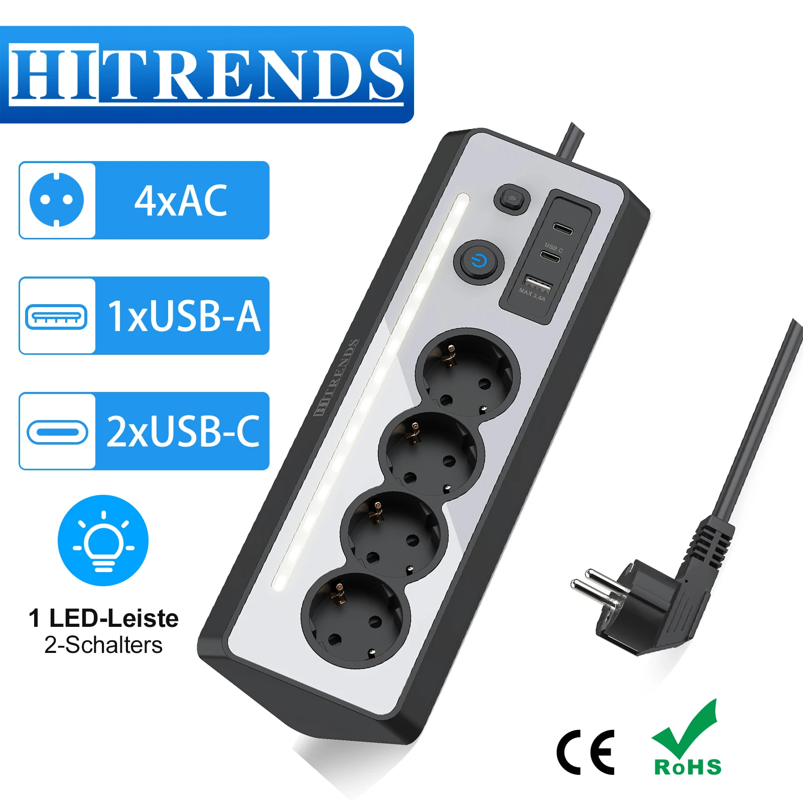 

Угловая розетка с вилкой европейского стандарта, удлинитель со светодиодной подсветкой, кабель длиной 1,5 м, 2 переключателя, несколько розеток с USB и 2 типа C для офиса