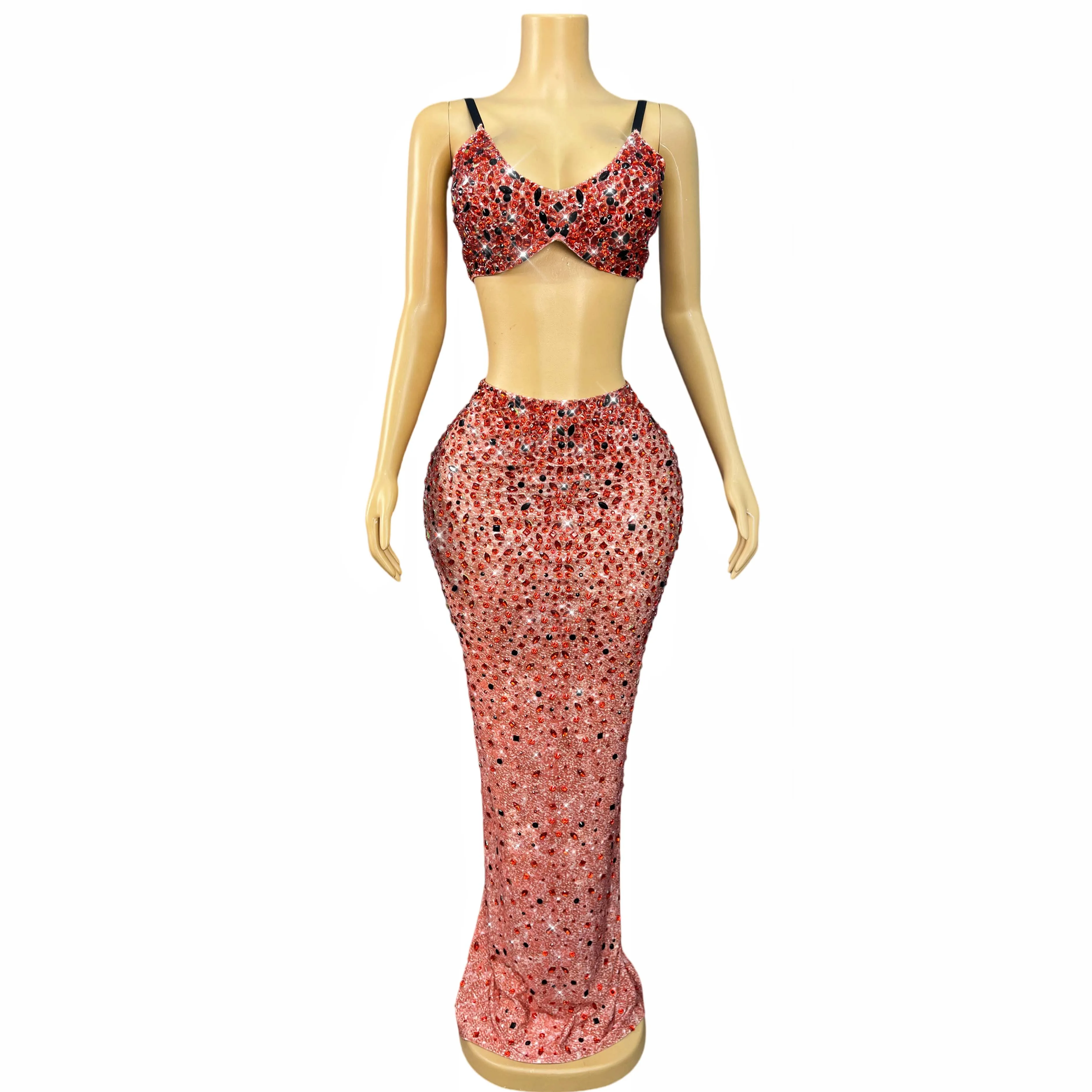 

Fashion Red Sparkly Rhionestones Sexy Hollow waist Camisole Skirt Set Women Party Red carpet Gown Show Stage Outfit Hongbiqun