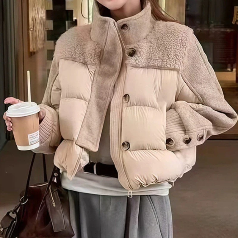 Women Parkas Winter Coat New Korean Small Fragrant Jacket Splicing Stand Collar Warm Cotton Padded Short Jacket Female Outerwear 5