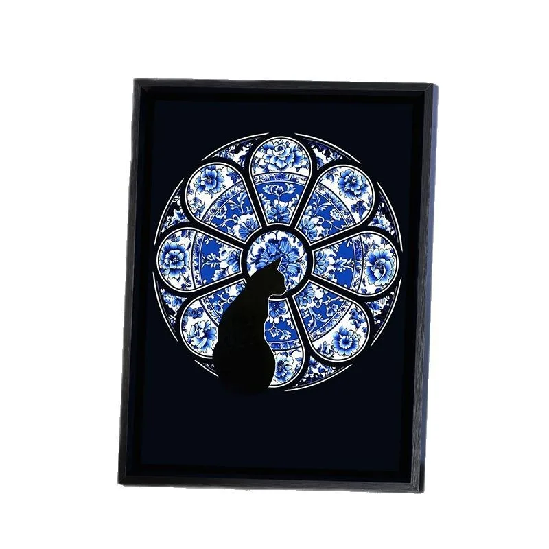 

Blue and white porcelain cat zen decorative painting French classical living room bedroom study background wall hanging blue a