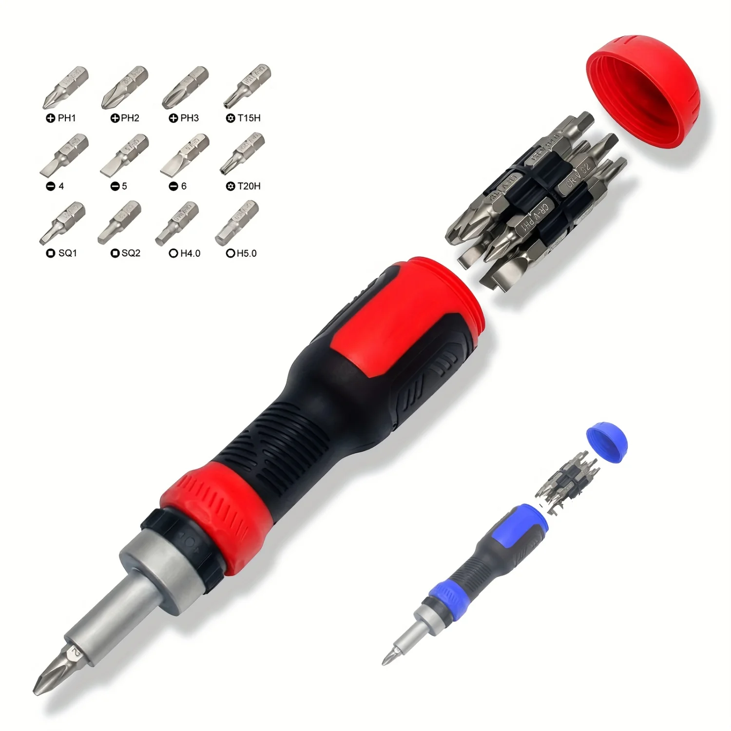 13-in-1 Ratchet Screwdriver Set with Torx Safety, Flat Head, Phillips, Hex, Square, and 1/4