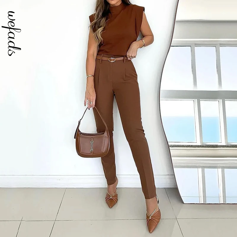 Wefads 2024 Women Two Piece Set Summer Fashion Solid Round Neck Sleeveless Pullover Top With Pockets Pants Sets High Streetwear