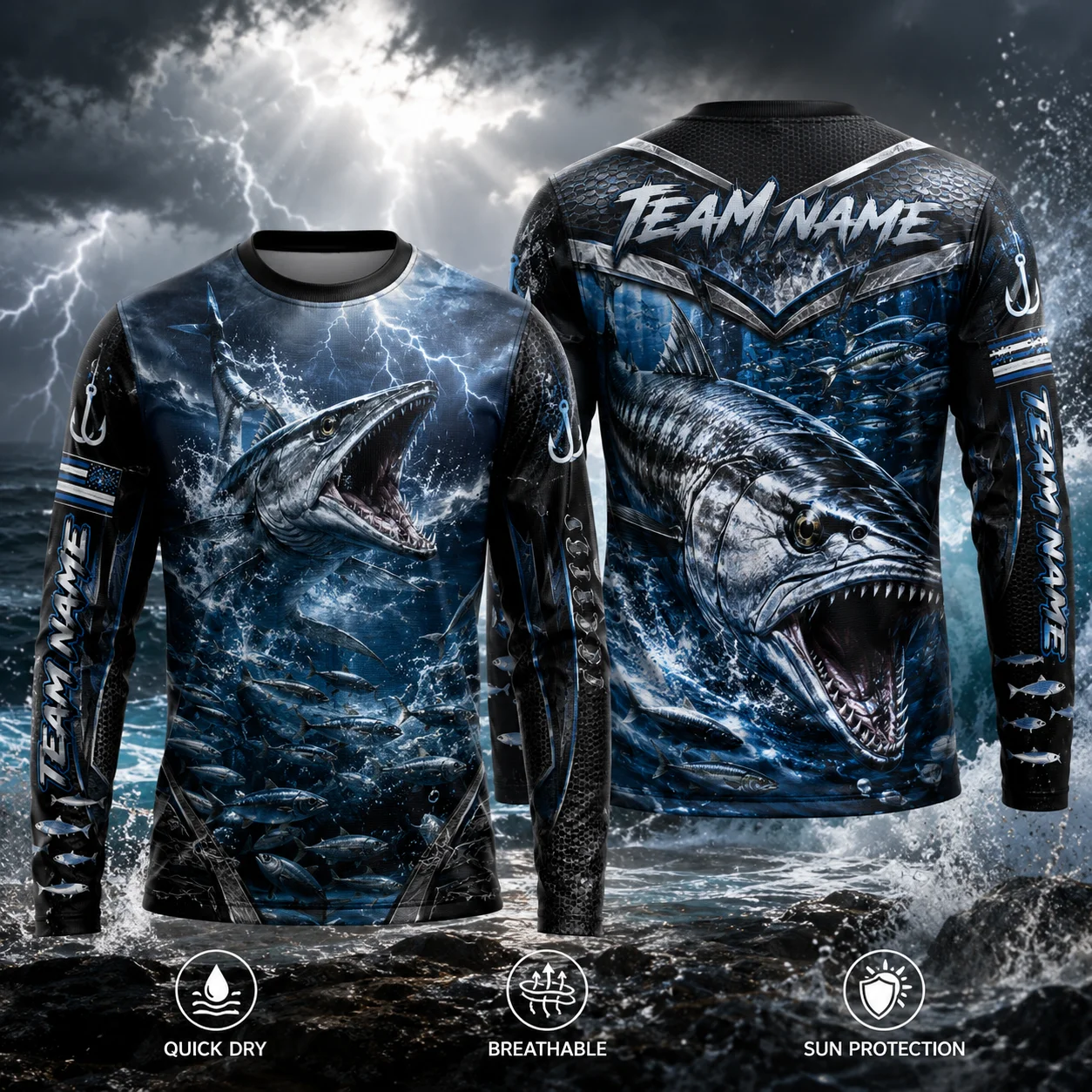 Barracuda Fishing Shirt Men Ikan Alu Alu 3D Fish Print Long Sleeve Quick Dry UPF 50 UV Protection Fishing Jersey