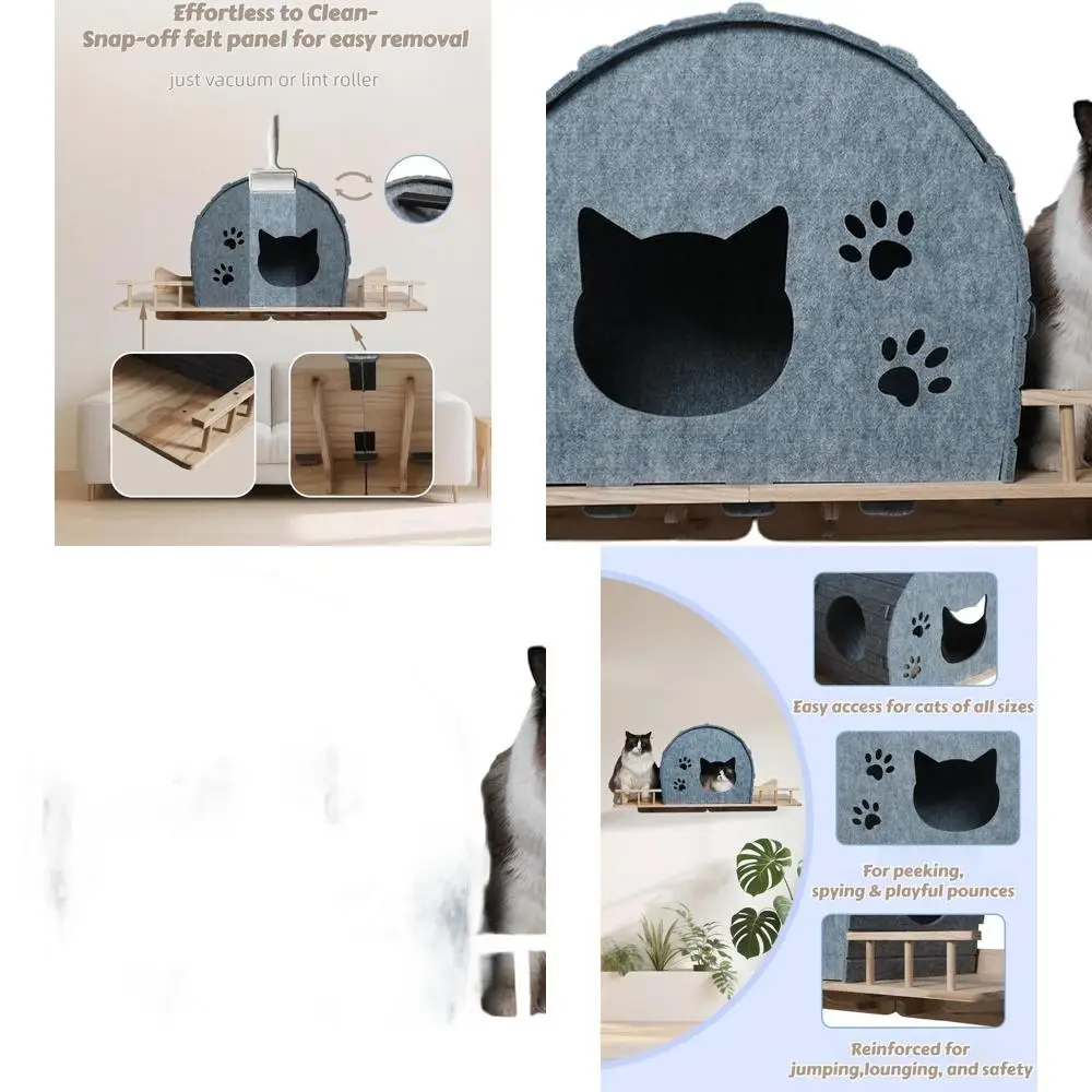 

Large Gray Wall-Mounted Cat Shelf with Felt Bed, Dual Entrances, and Solid Wood Base for Indoor Cats