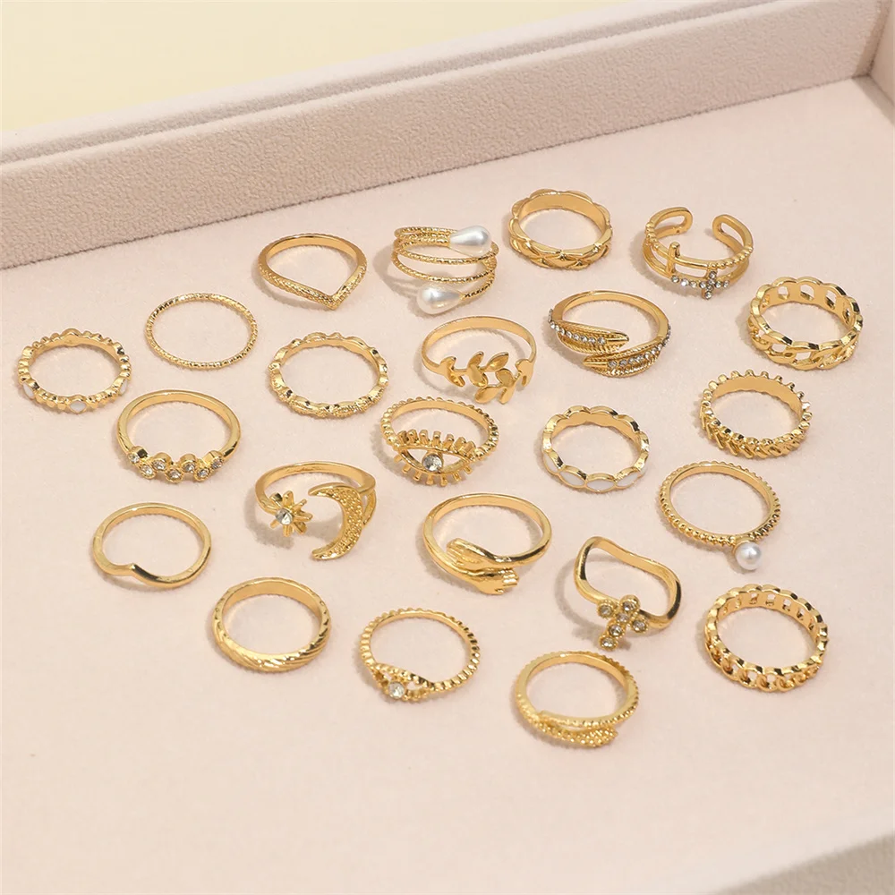 23Pcs/Set Faux Pearl Cross Eye Moon Star Hug Leaf Snake Chain-Shaped Metal Multi-Element Rhinestone Ring For Women Birthday Gift image 5