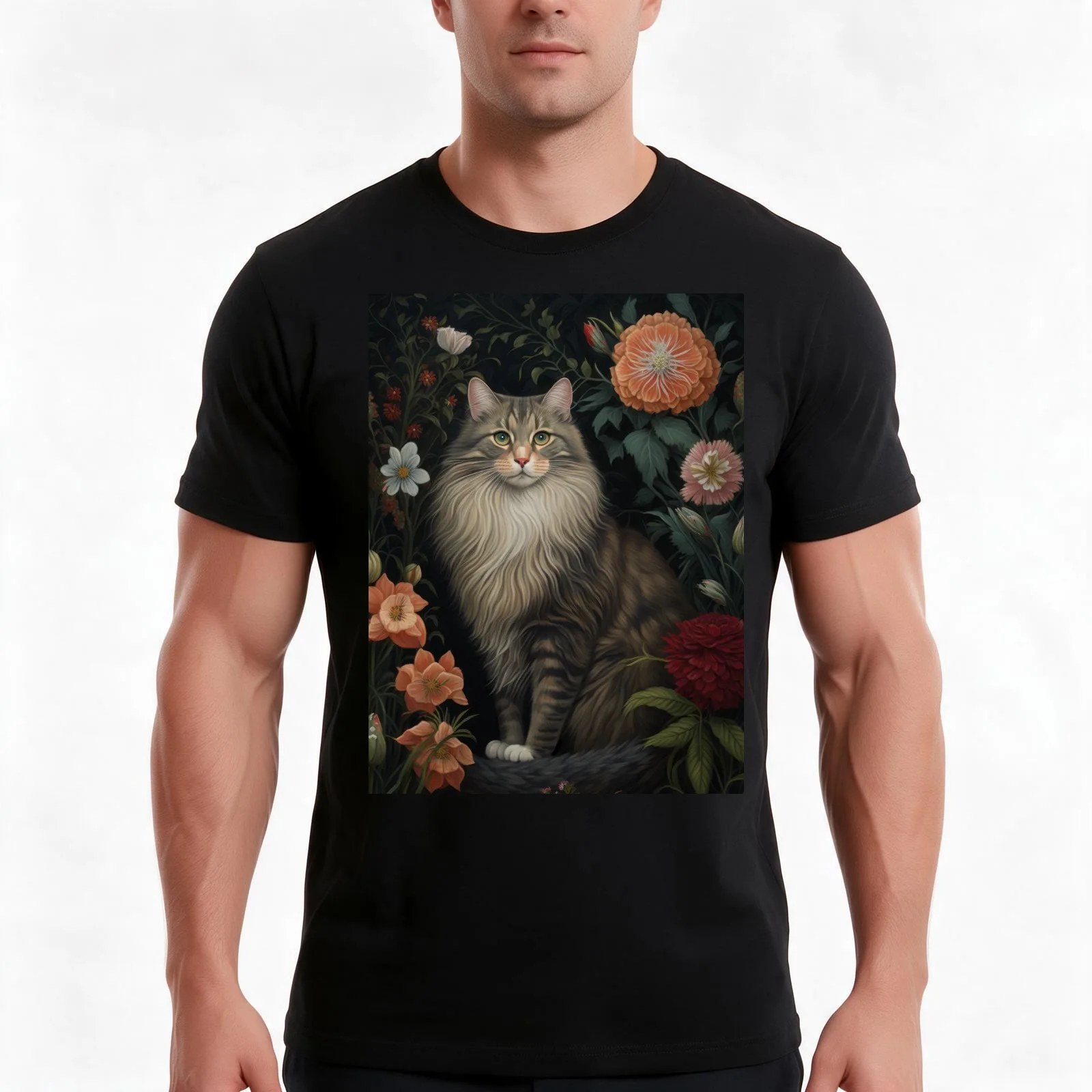 Maine Coon Cat with Flowers T-Shirt, Summer Casual Cotton Tee, Oversized Streetwear Tops, Vintage Graphic Print, 100% Cotton