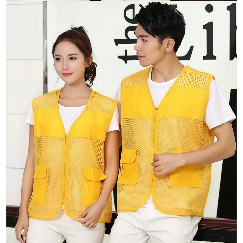 2026 New Summer V-neck Sleeveless Mesh Jacket Vest with See-through Pocket Printing LOGO for Camping Volunteer Work Clothes