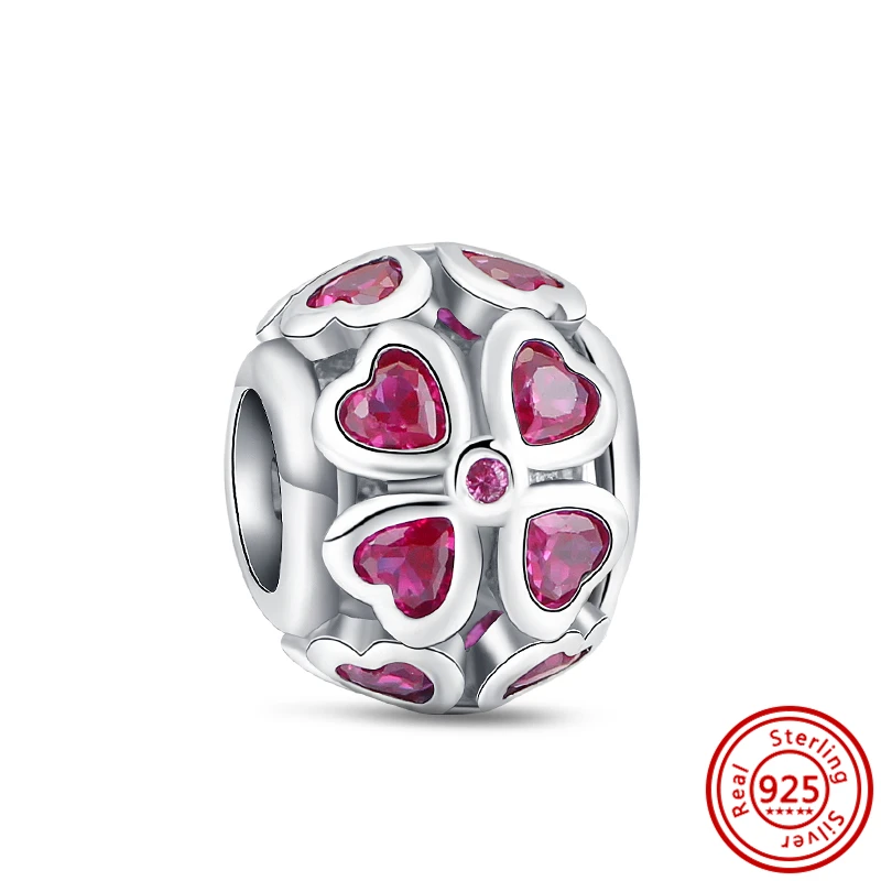 Bracelet à breloques Pandora en argent regardé 925, coeur rouge radieux, perle de coquille de rouge à lèvres, toujours amour, convient aux bijoux Pandora originaux