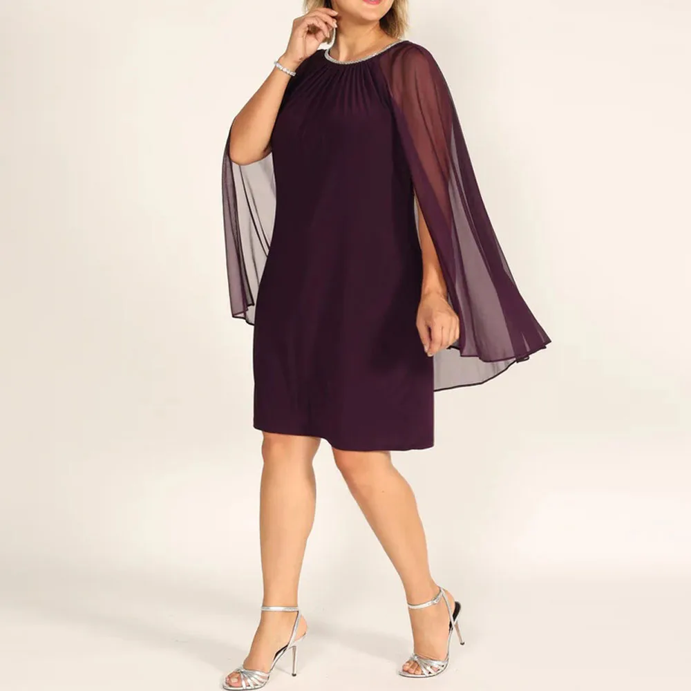 Customized Mother of The Bride Dress Short with Cape Sleeveless Shiny Scoop Neck A Line Chiffon Knee Length Wedding Guest Gowns