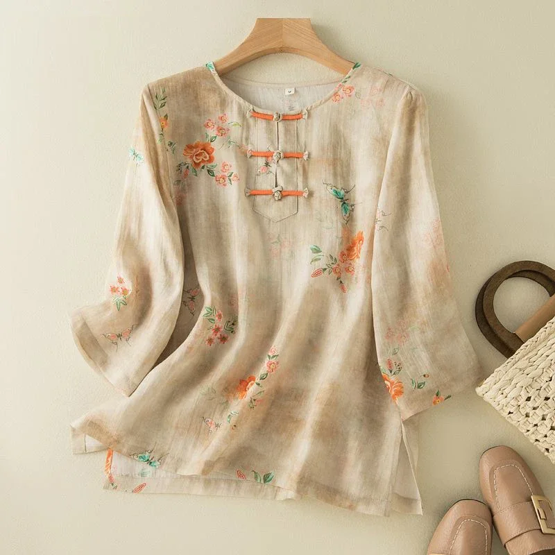 

Linen Chinoiserie Print Casual Blouse Shirt 2024 Summer Short Sleeve Loose Round Neck Buttons Female Clothing Blouses J242