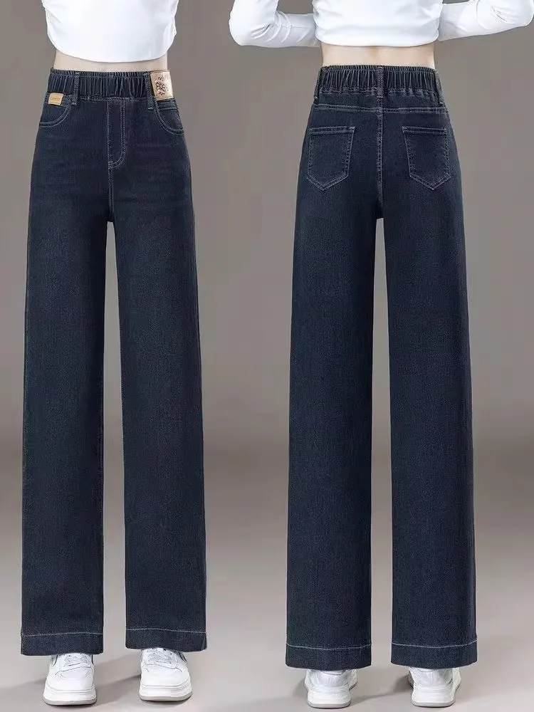 Calça Jeans Feminina de Cintura Alta Forrada com Lã, Perna Larga, Casual, Reta, Elástica, Plus Size, Nova Coleção Outono