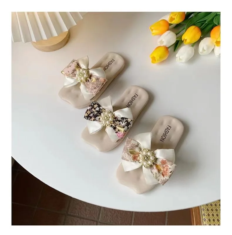 

2025 new summer really pictures pearl bow girls soft soled indoor shoes outdoor children's kids princess fashion baby slippers