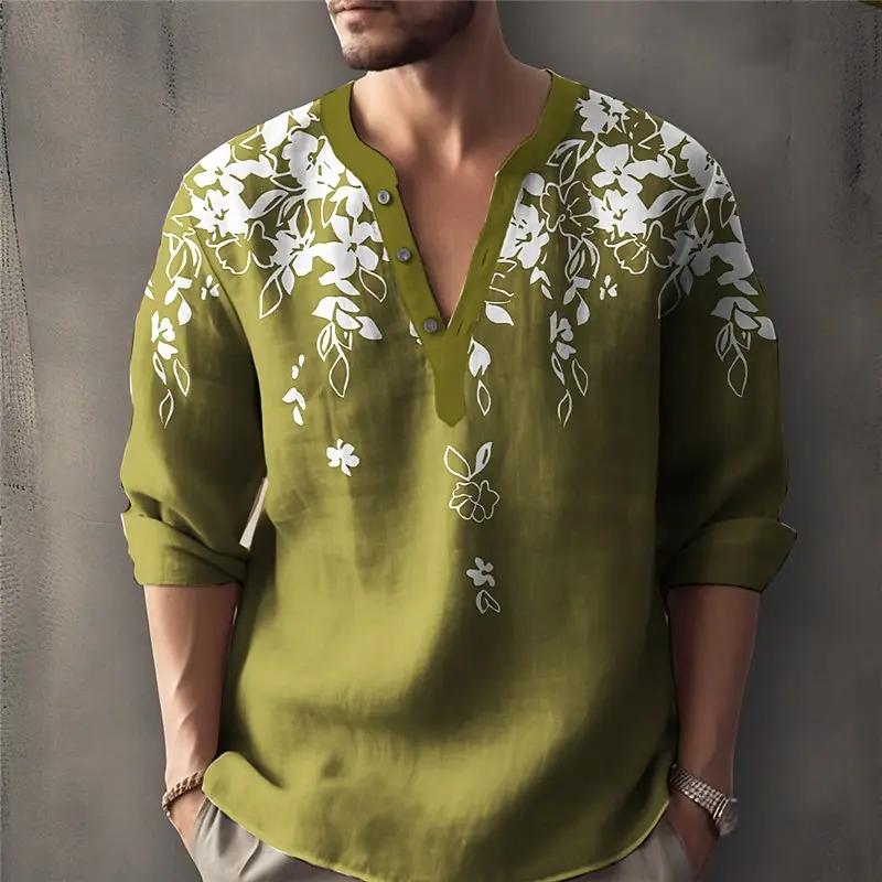 Autumn Flower 3D Print Henley Shirts Men\'s Fashion Floral Streetwear Oversized Button Long Sleeve T Shirt Tees Tops Man Clothing