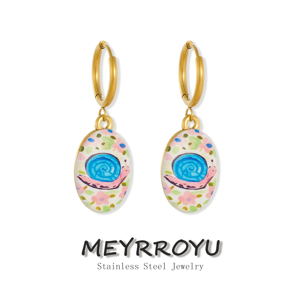 MEYRROYU Stainless Steel Colorful Enamel Cute Snail Floral Print Oval Charm Drop Earrings For Women Fashion Jewelry For Women