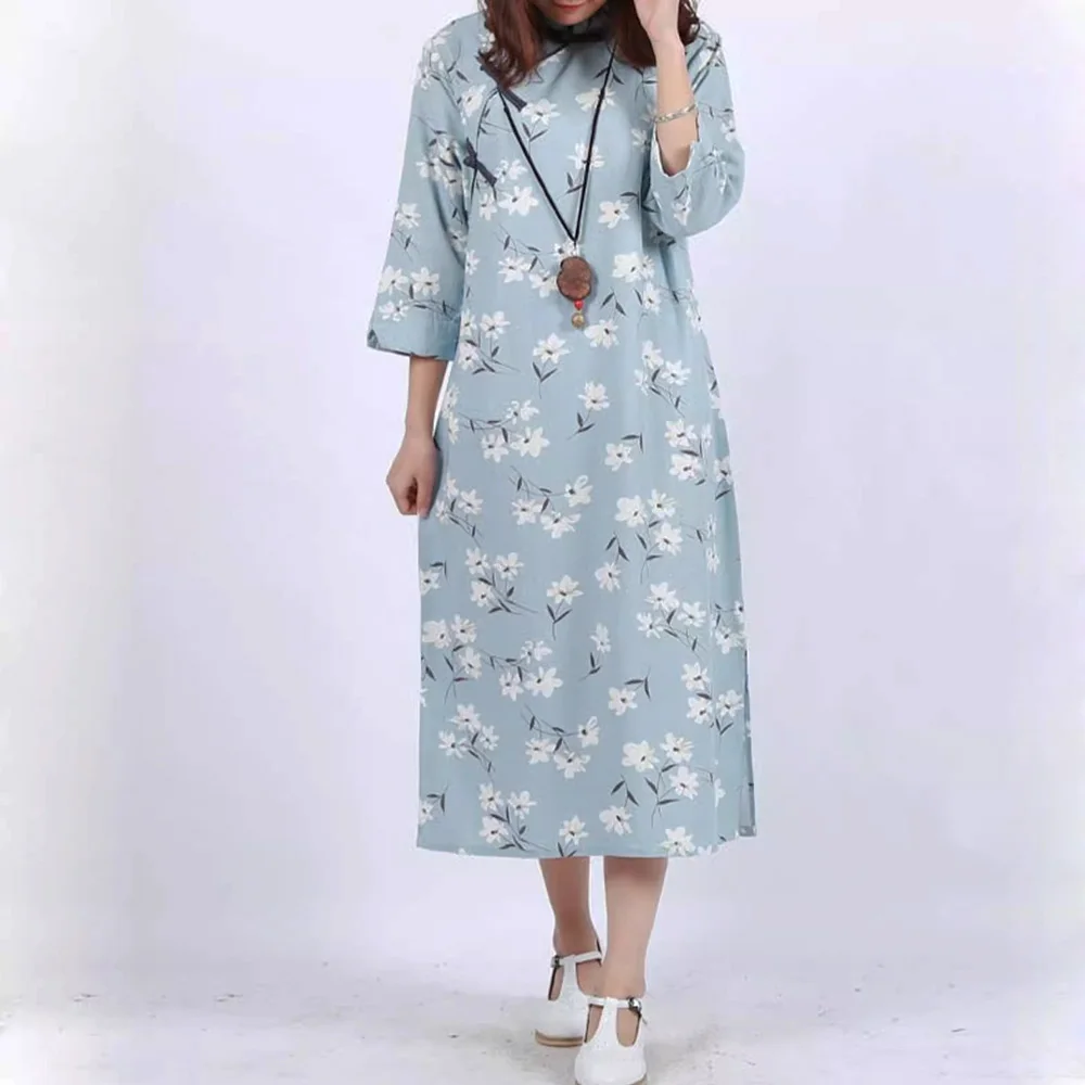 

New Chinese Cotton Linen Cheongsam Dress Womens Summer knee-Length Elegant Print Retro Soft Comfy fallow Tunic Qipao Long Dress